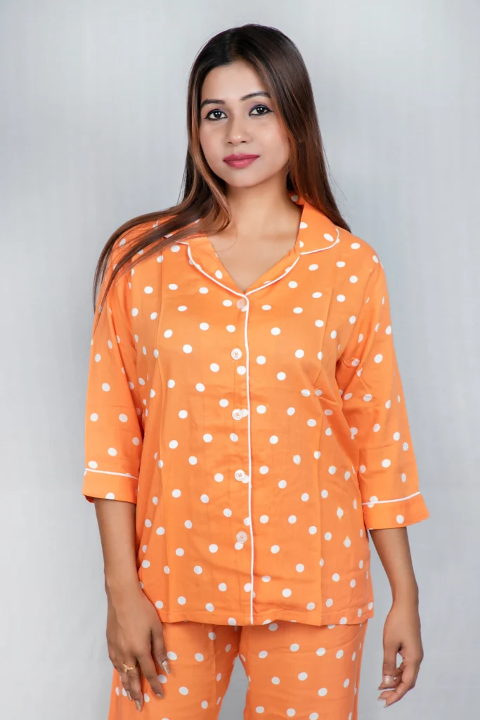 Polka Printed Orange Colour Cotton Night Suit