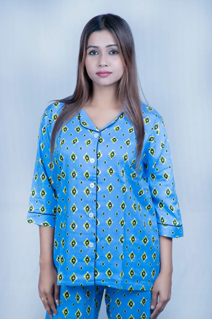 Geometric Printed Blue Colour Cotton Night Suit